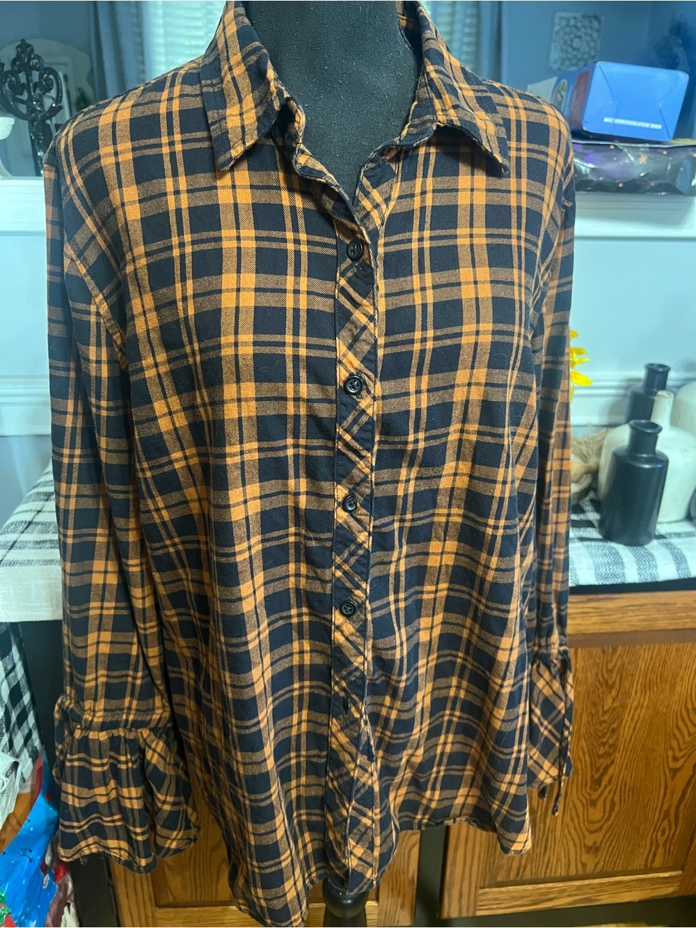 Harvest Black and Orange Women’s Plaid Button-Up Shirt